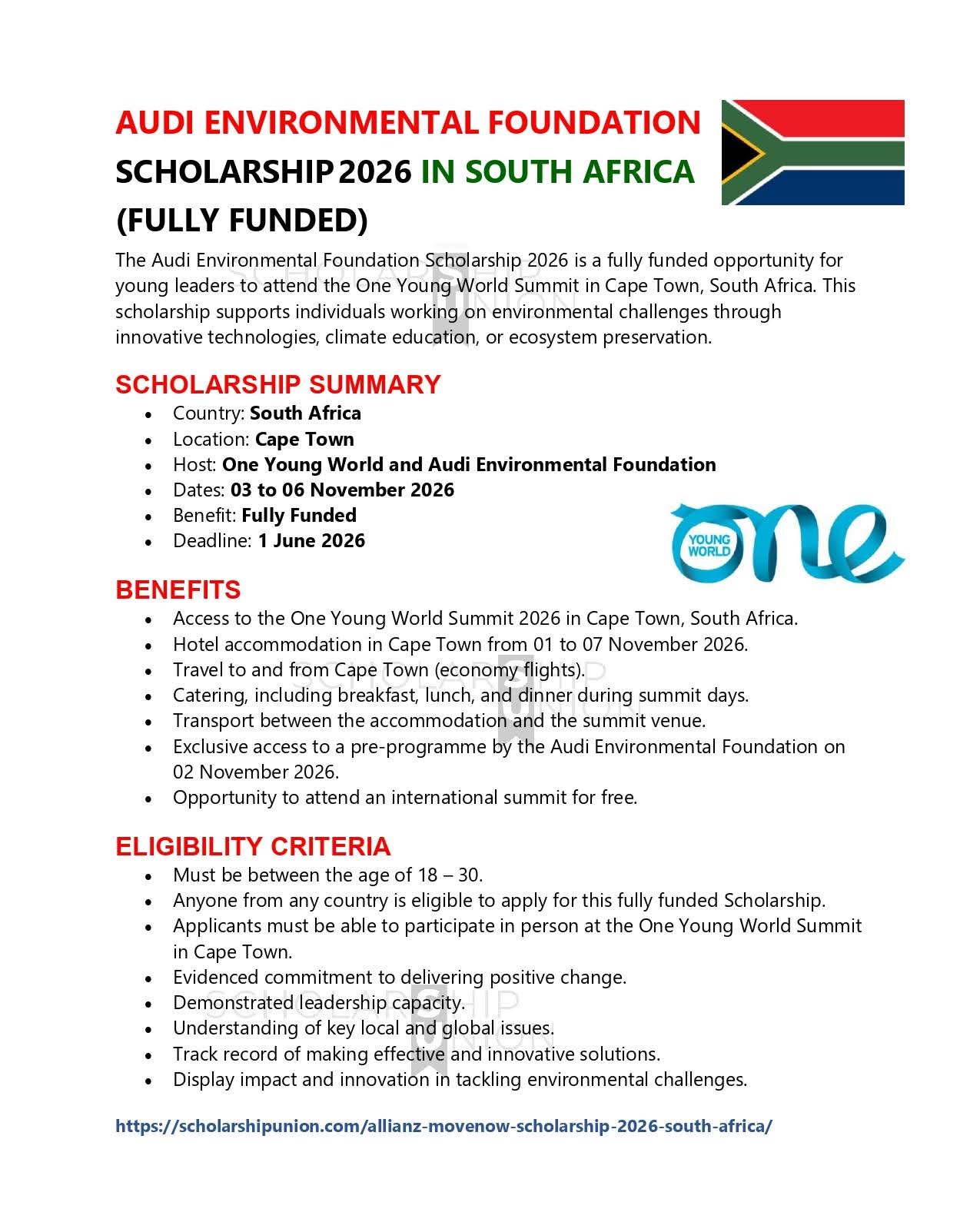 Audi Environmental Foundation Scholarship 2026 in South Africa