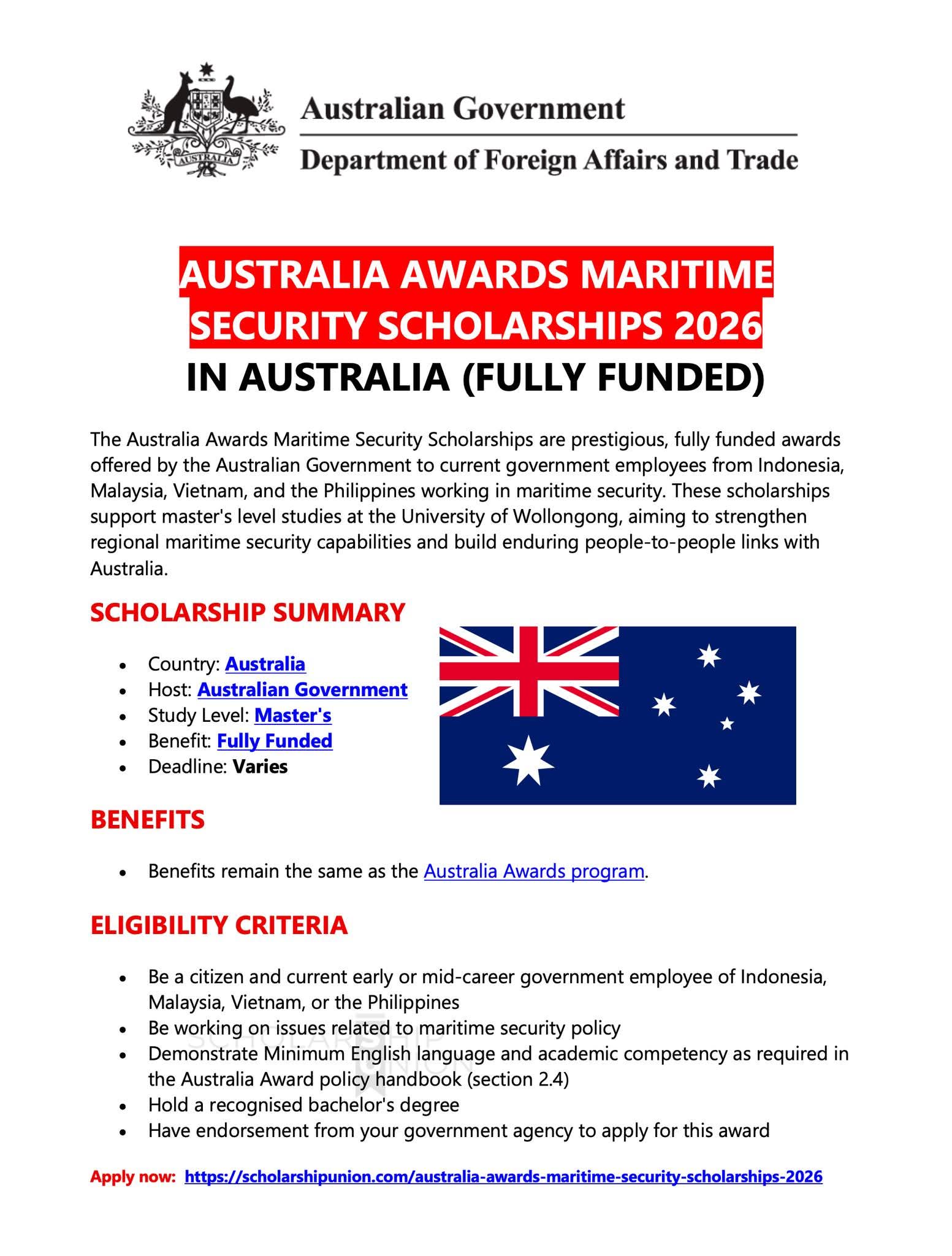Australia Awards Maritime Security Scholarships 2026 in Australia