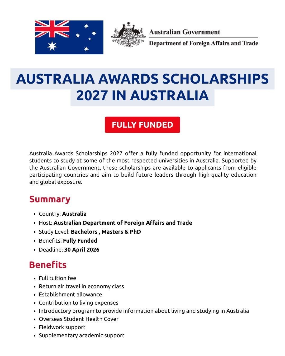 Australia Awards Scholarships 2027 in Australia