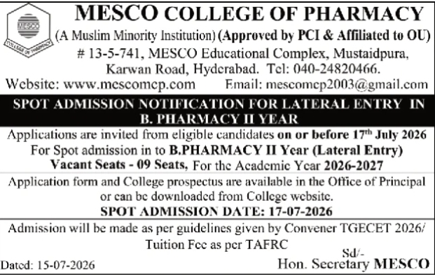 B. Pharmacy Lateral Entry Spot Admissions 2026: MESCO College of Pharmacy