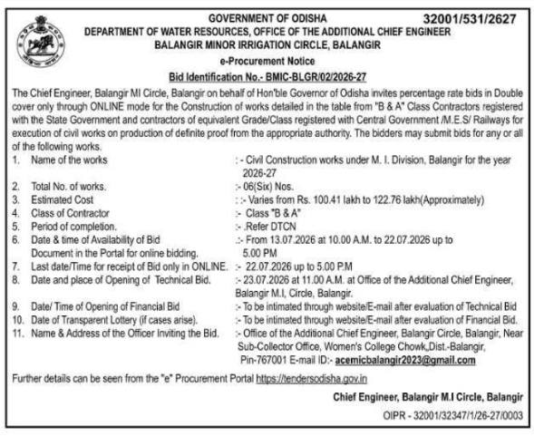 Balangir Minor Irrigation Circle E-Procurement Notice