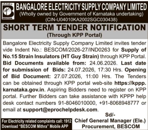 Bangalore Electricity Supply Company Limited Short Term Tender Notification