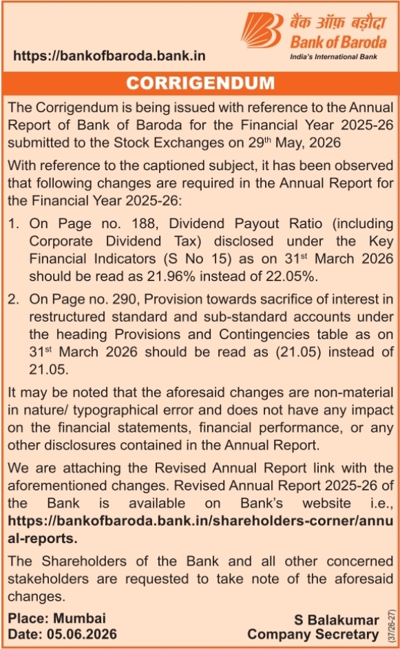 Bank of Baroda: Annual Report Corrigendum Notice