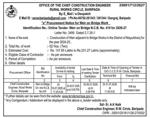 Baripada Rural Works Circle E-Procurement Notice for Weir Works