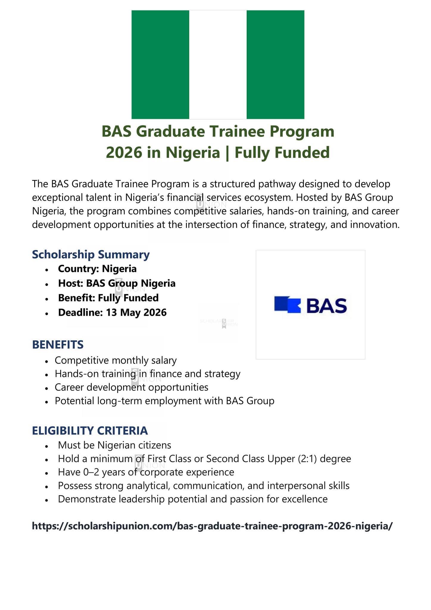 BAS Graduate Trainee Program 2026 in Nigeria