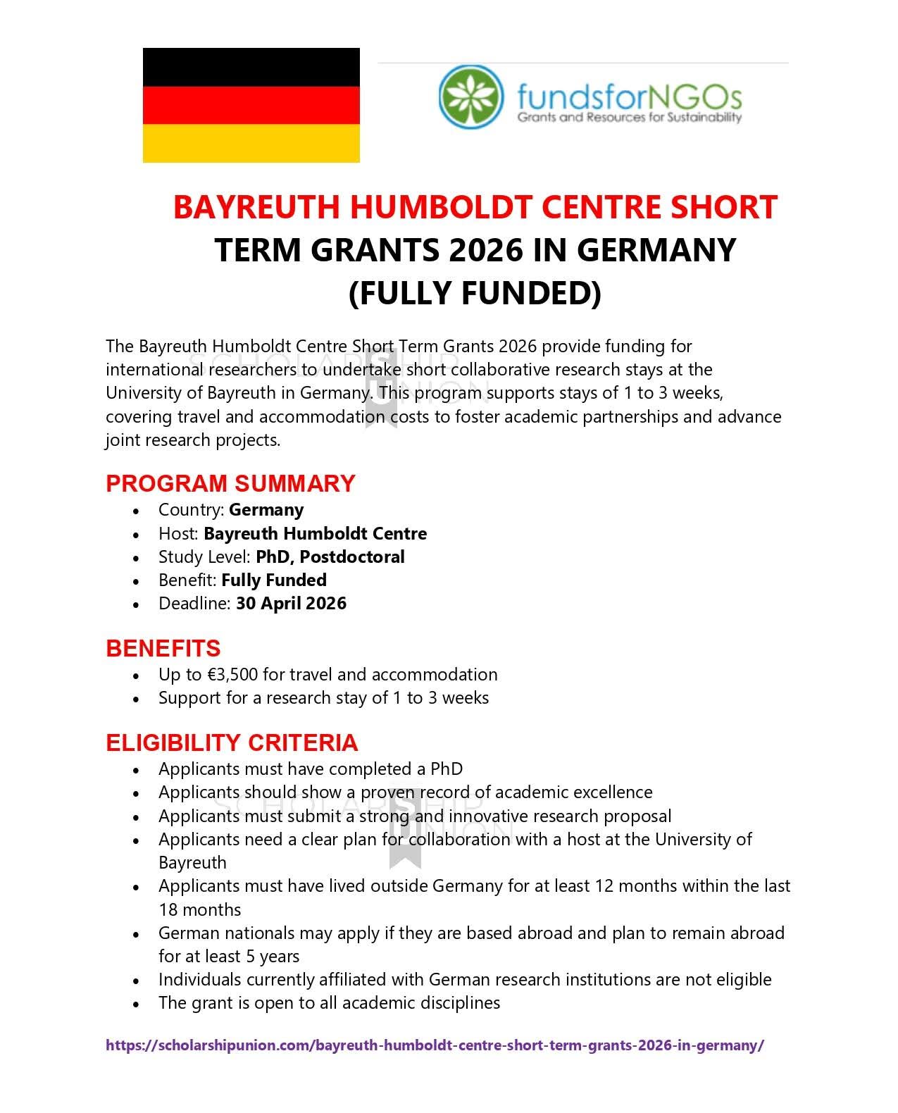 Bayreuth Humboldt Centre Short Term Grants 2026 in Germany