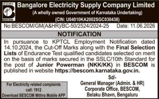 BESCOM Junior Powerman Final Selection List