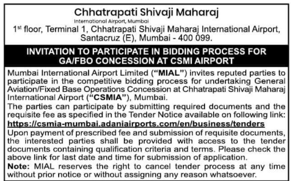 Bidding Notice: GA/FBO Concession CSMIA Mumbai