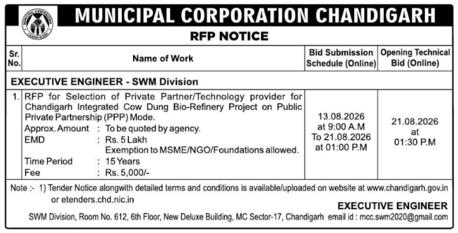 Bio-Refinery Public Private Partnership Request for Proposal by Municipal Corporation Chandigarh