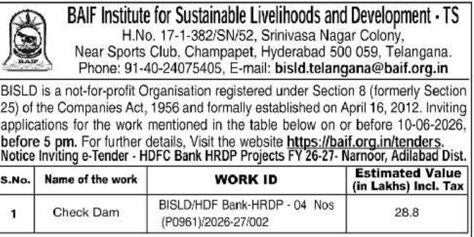 BISLD Telangana: Check Dam e-Tender Notice