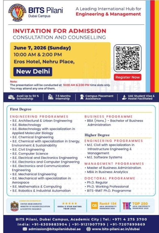 BITS Pilani Dubai Campus: Admission Counselling Notice
