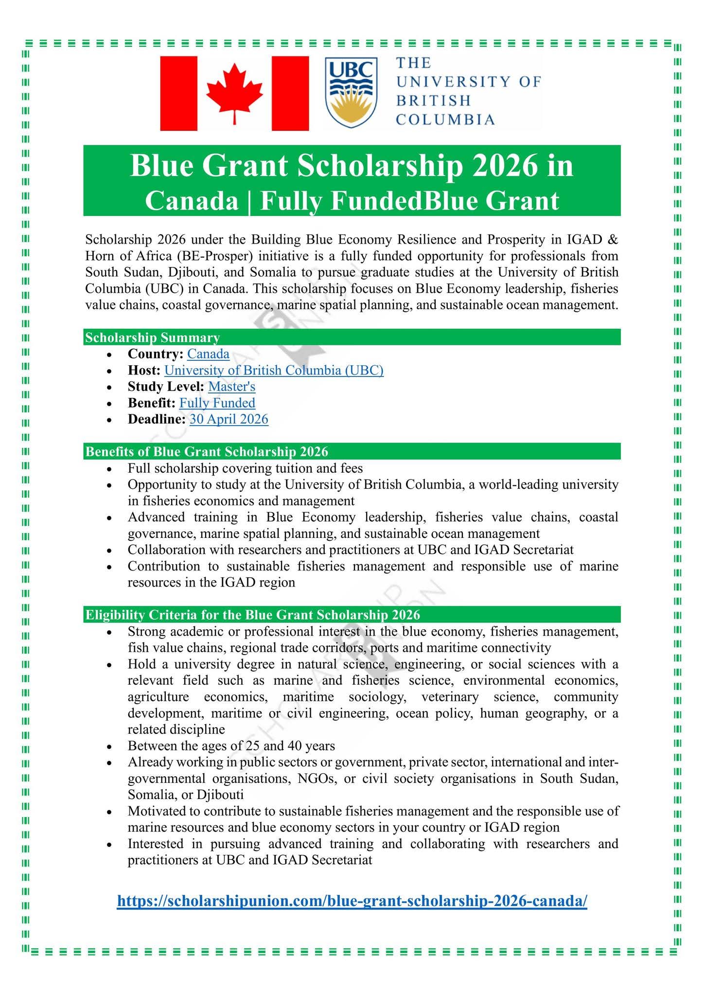 Blue Grant Scholarship 2026 in Canada