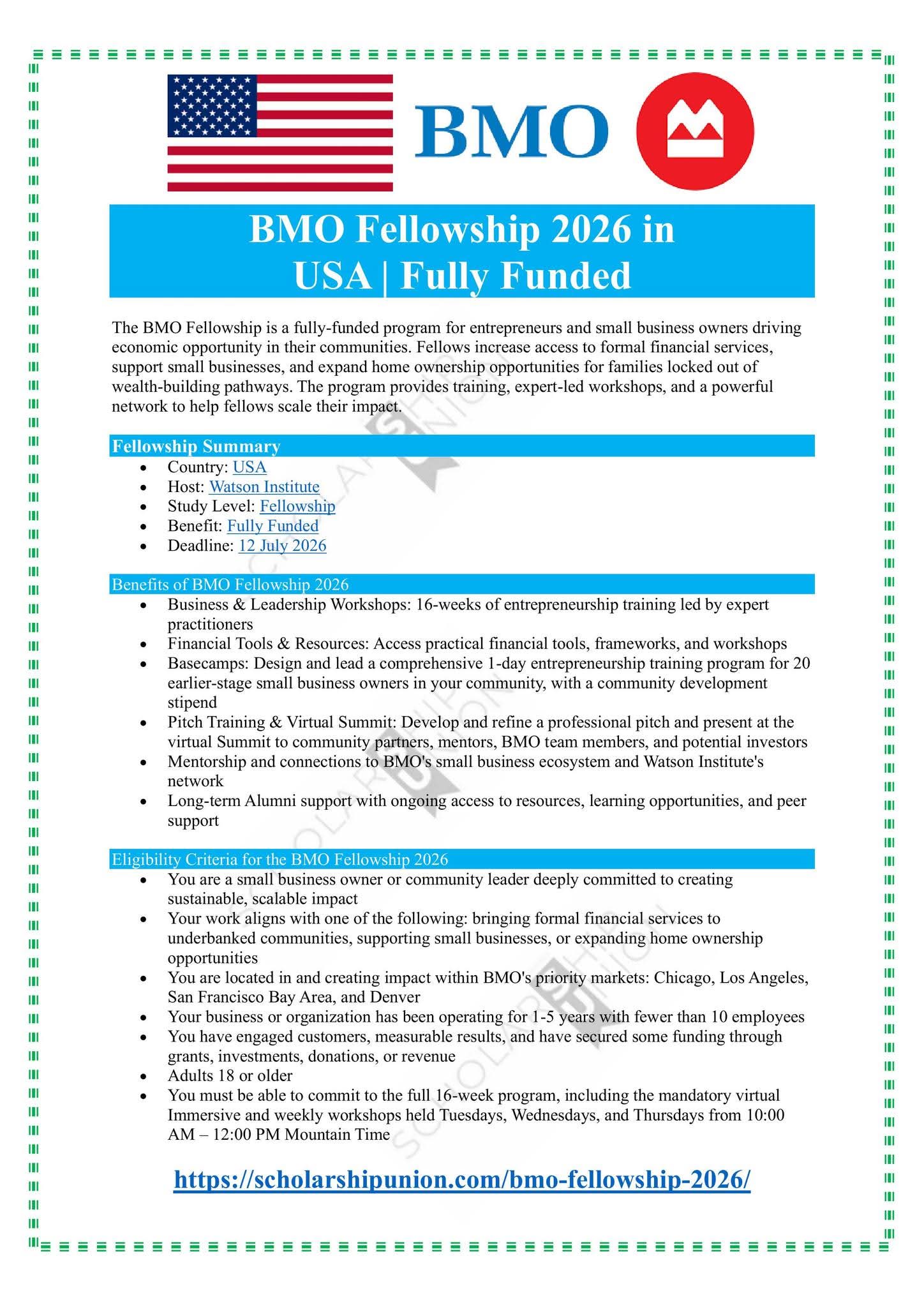 BMO Fellowship 2026 in USA