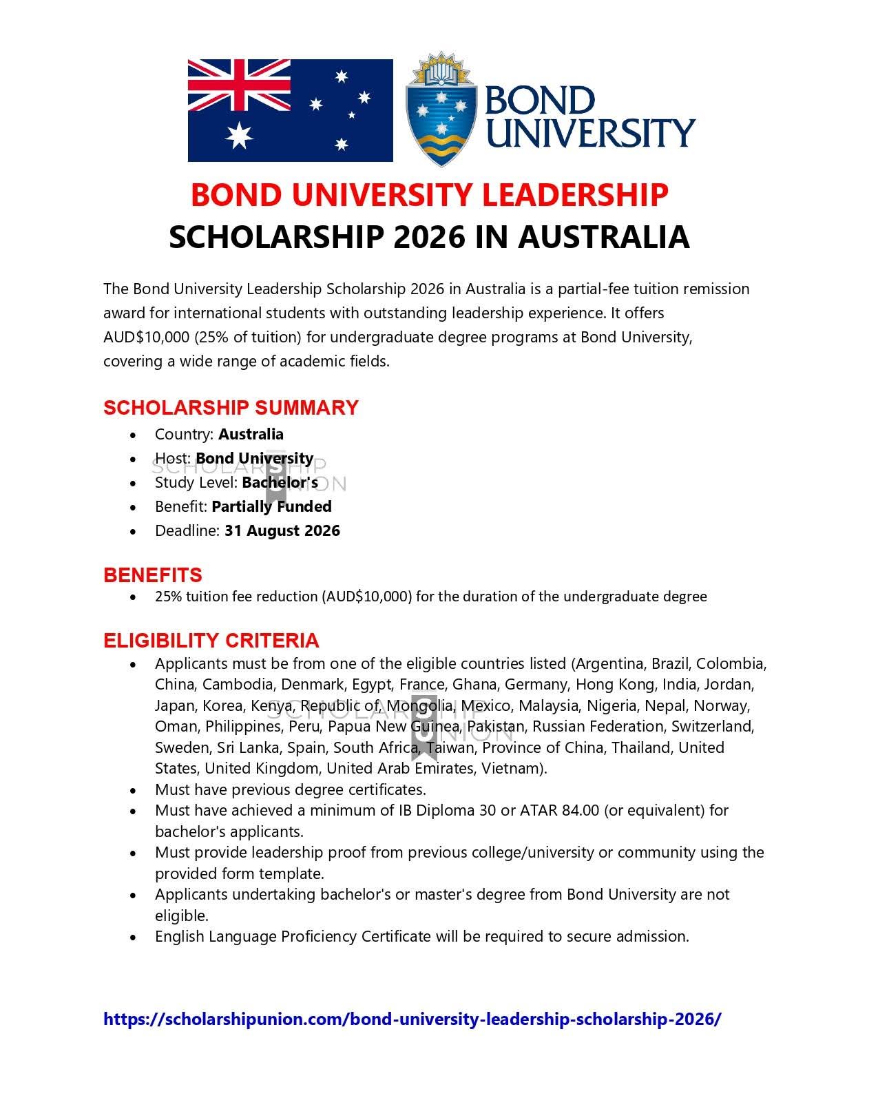 Bond University Leadership Scholarship 2026 in Australia