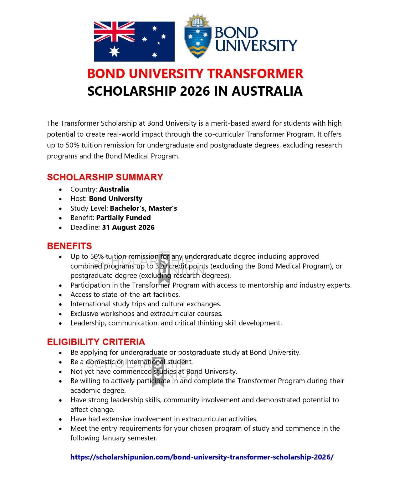 Bond University Transformer Scholarship 2026 in Australia