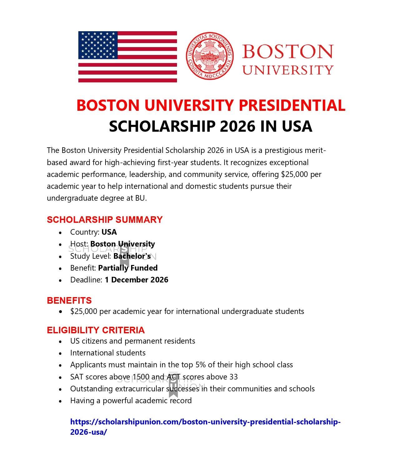 Boston University Presidential Scholarship 2026 in USA
