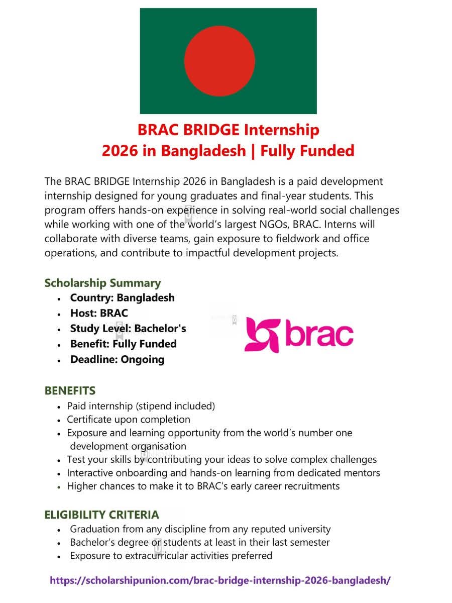 BRAC BRIDGE Internship 2026 in Bangladesh