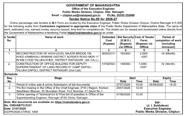Bridge and Building Construction Tender by PWD Chiplun