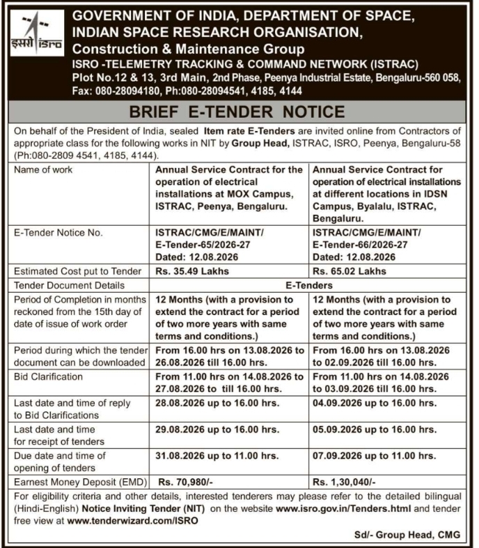 Brief E-Tender Notice for Electrical Operations Contracts by ISTRAC ISRO Bengaluru