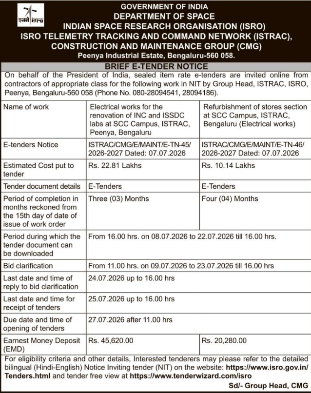 Brief E-Tender Notice: ISRO ISTRAC Electrical & Refurbishment Projects