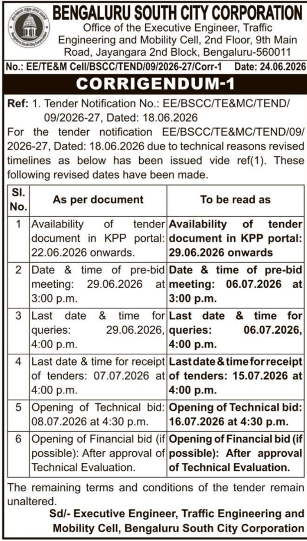 BSCC Corrigendum-1: Revised Timelines for Traffic Engineering Tender