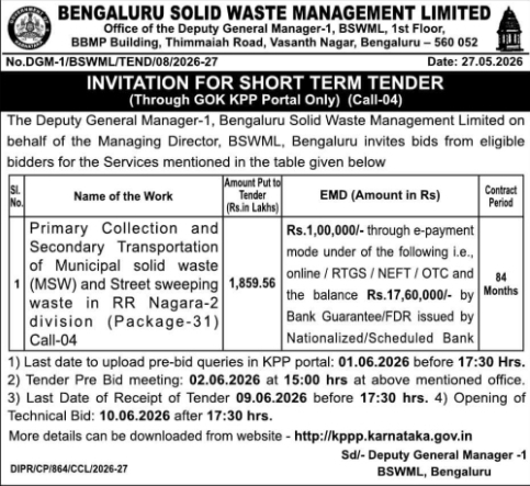 BSWML Bengaluru Short-Term Tender Notice