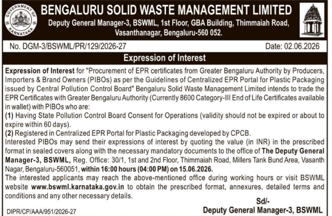 BSWML Expression of Interest: Procurement of EPR Certificates for Plastic Packaging