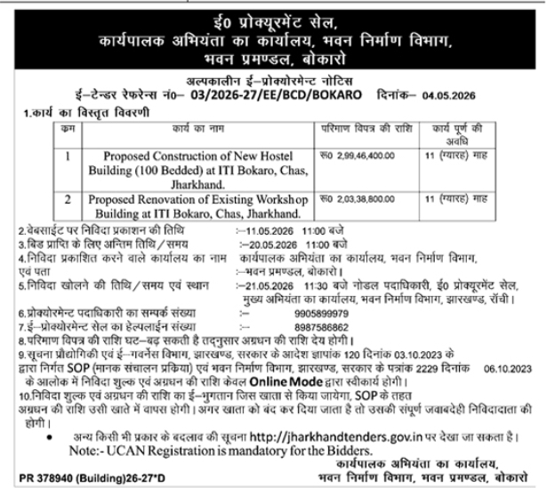 Building Construction Department, Bokaro: ITI Bokaro Infrastructure Tenders