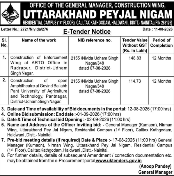 Building Construction E-Tender Notice by Uttarakhand Peyjal Nigam