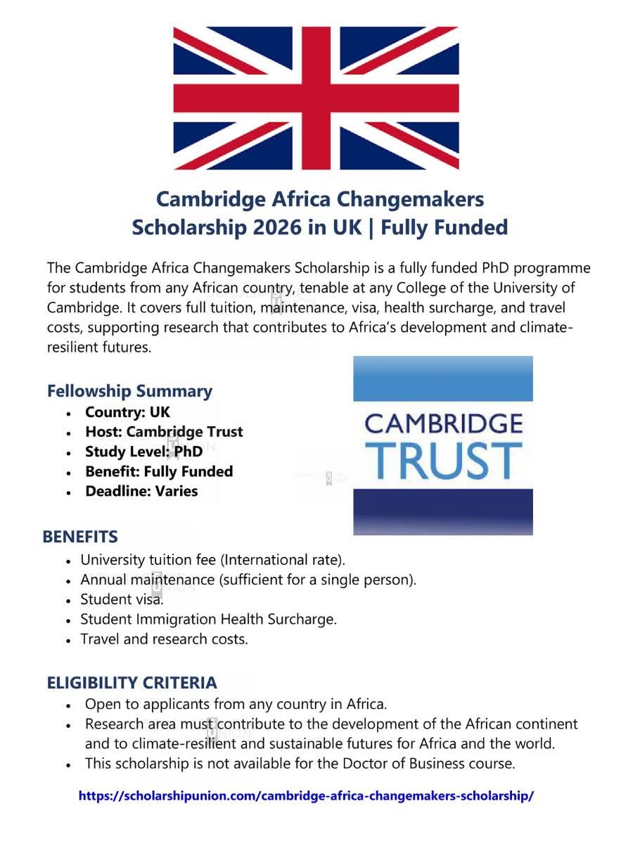 Cambridge Africa Changemakers Scholarship 2026 in UK