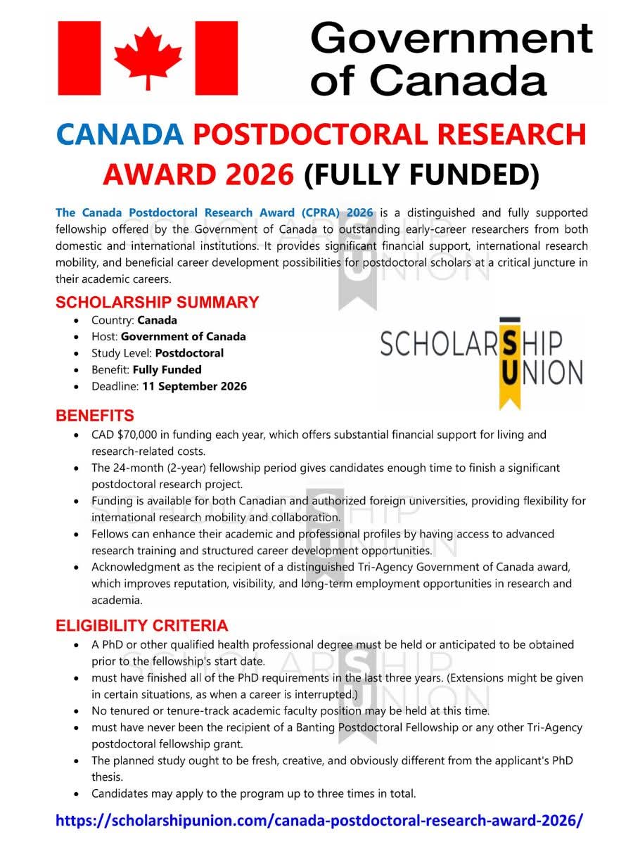 Canada Postdoctoral Research Award  2026