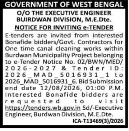 Canal Cleaning Project E-Tender by M.E.Dte Burdwan