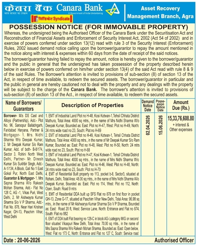 Canara Bank Agra Immovable Property Possession Notice
