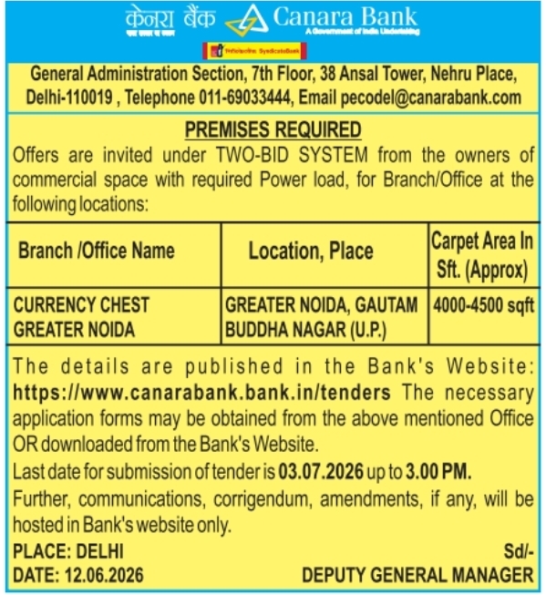 Canara Bank Greater Noida Premises Tender