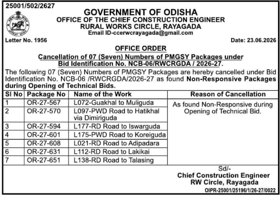 Cancellation Notice: PMGSY Packages Cancellation by Odisha Rural Works Circle Rayagada