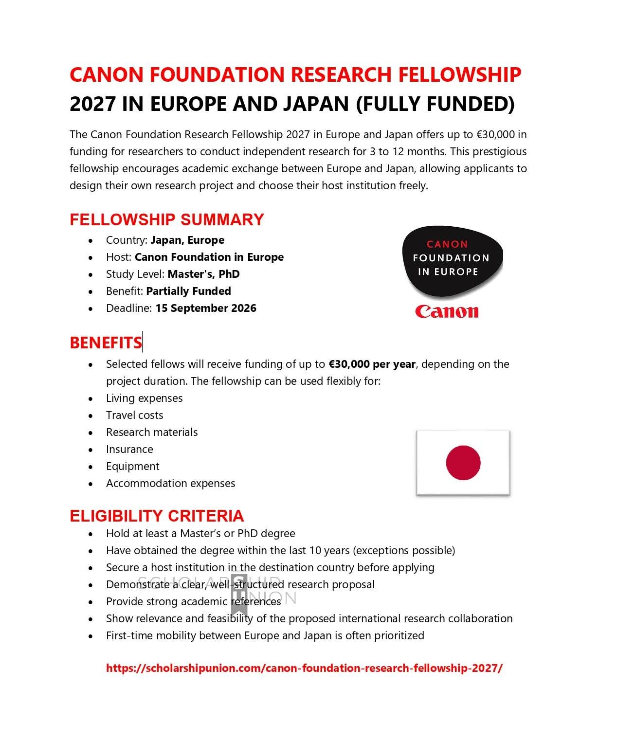 Canon Foundation Research Fellowship 2027 in Europe & Japan