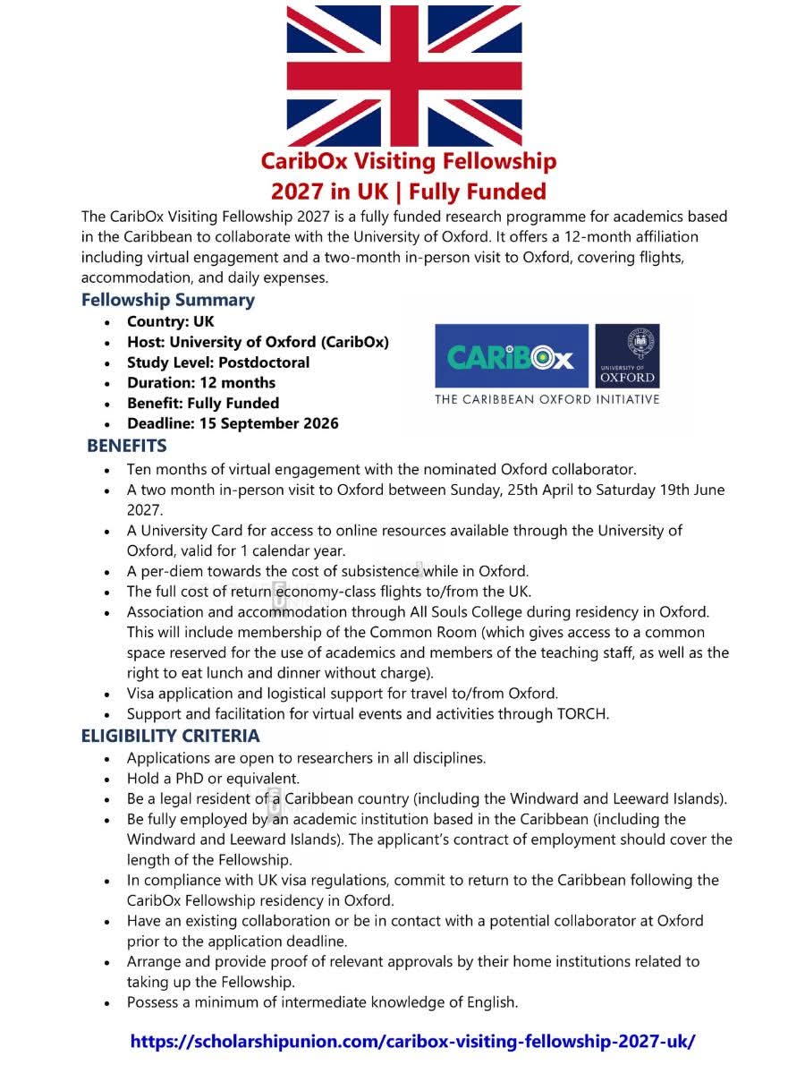 CaribOx Visiting Fellowship 2027 in UK