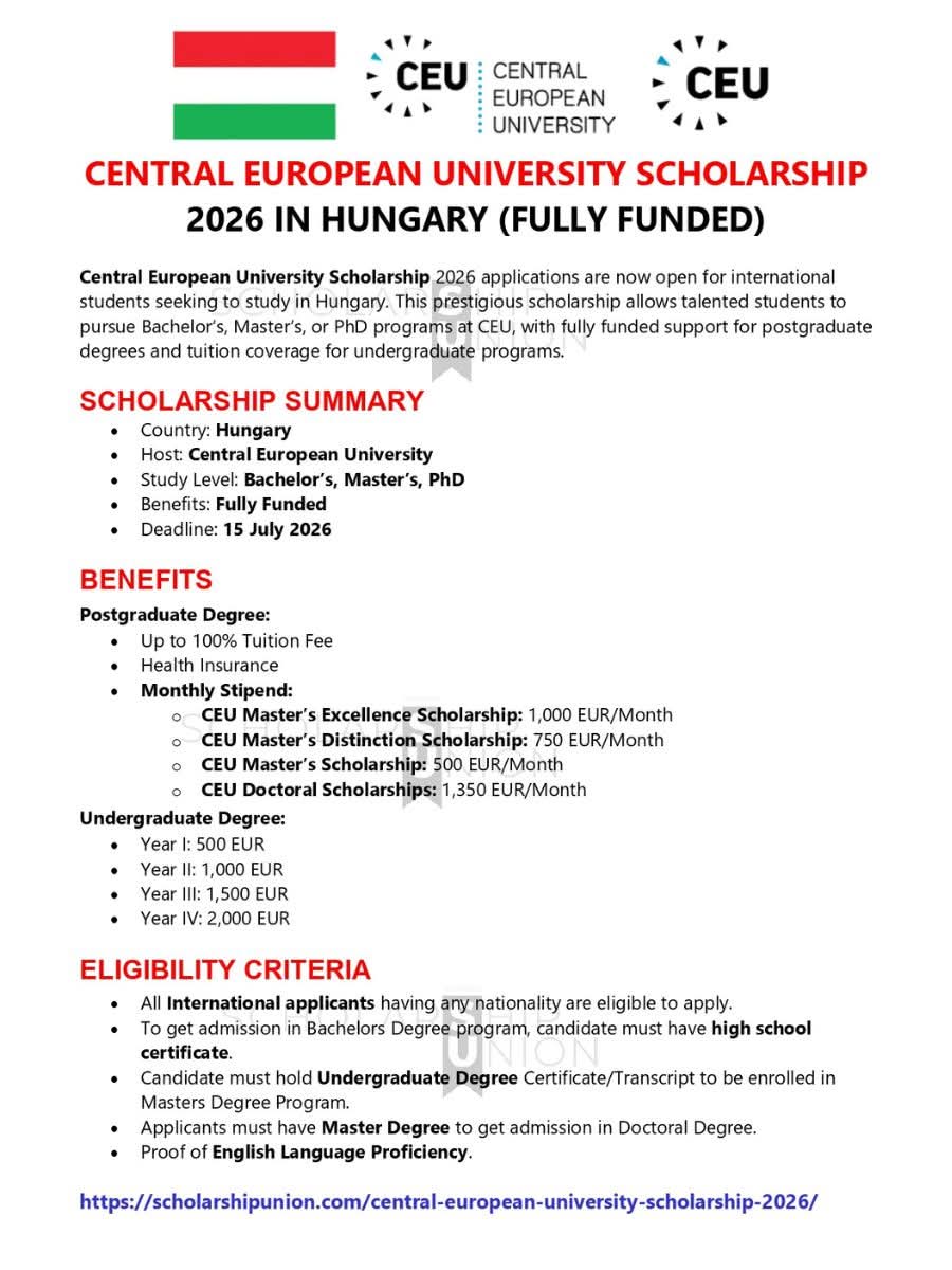 Central European University Scholarship 2026 in Hungary