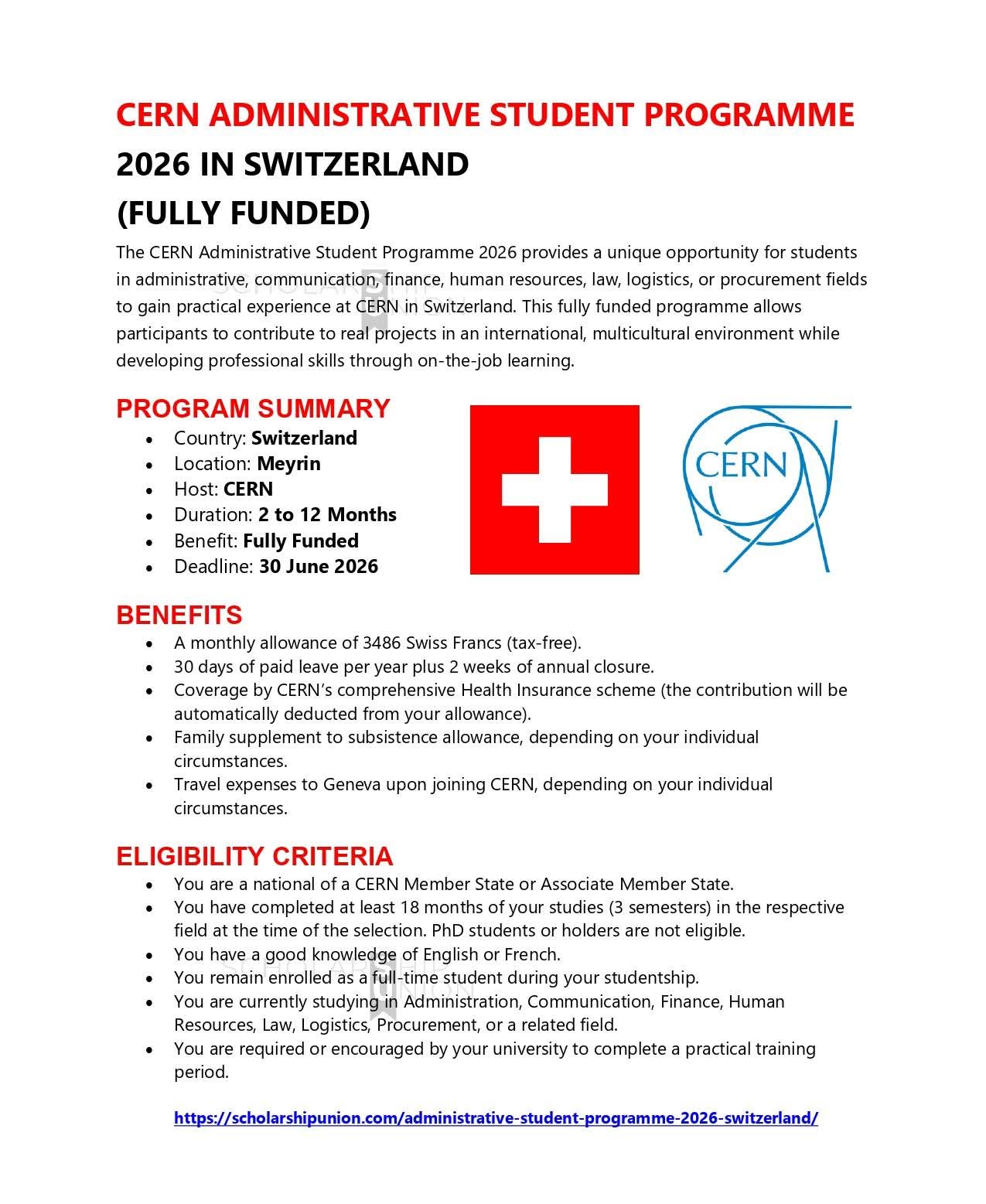 CERN Administrative Student Programme 2026 in Switzerland
