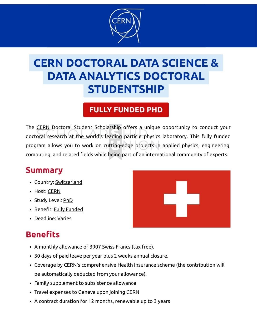 CERN Doctoral Data Science & Data Analytics Doctoral Studentship in Switzerland