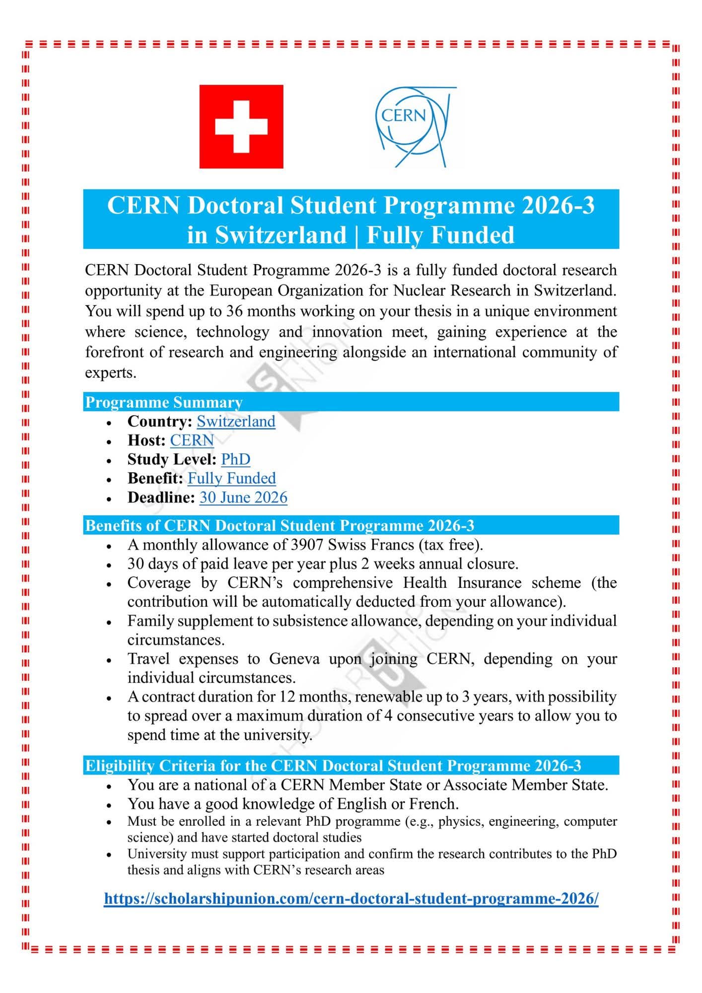 CERN Doctoral Student Programme 2026-3 in Switzerland