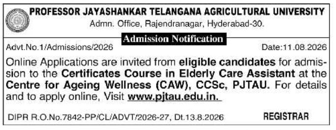 Certificate Course Admission Announcement by PJTSAU