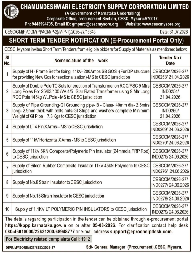 CESC Short Term Tender Notification for Electrical Materials Procurement