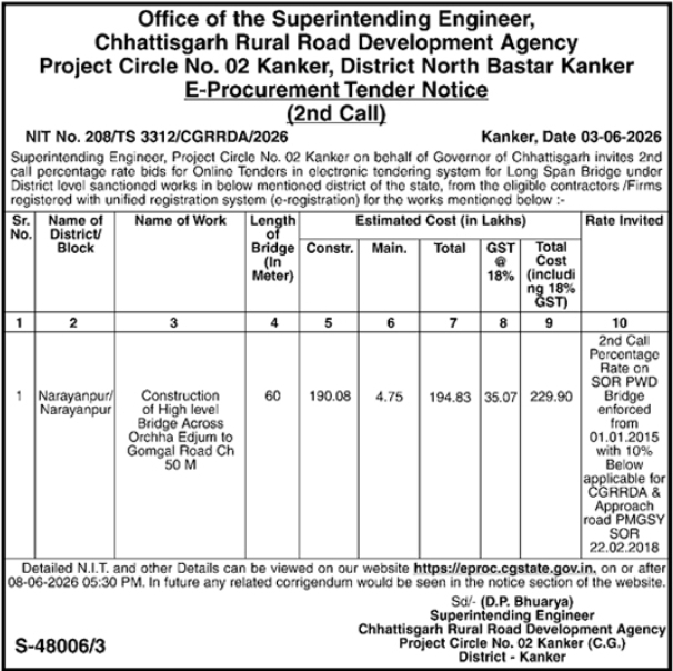 CGRRDA Kanker: E-Procurement Tender for High-Level Bridge Construction