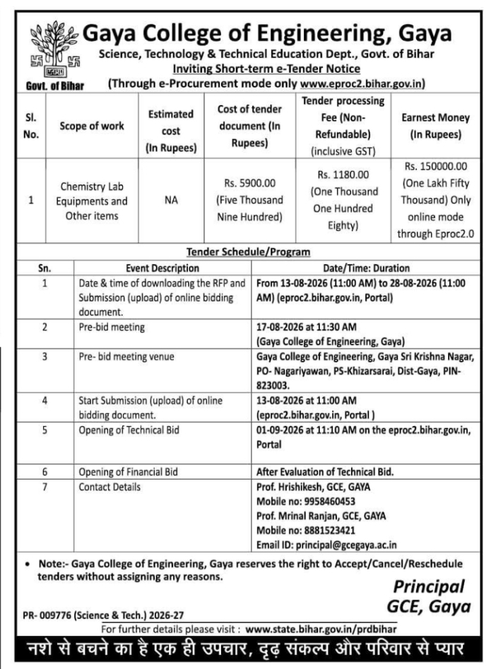 Chemistry Laboratory Equipment Procurement Tender by Gaya College of Engineering