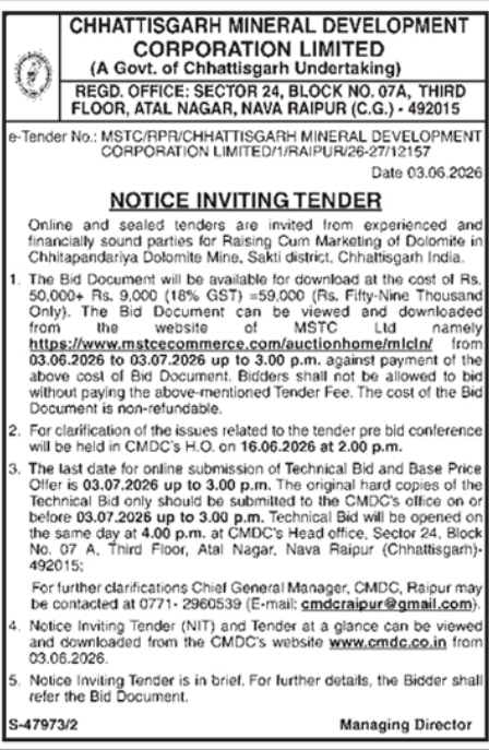 Chhattisgarh Mineral Development Corporation Dolomite Raising and Marketing Tender