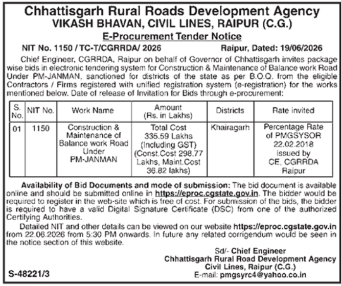 Chhattisgarh Rural Roads Development Agency E-Procurement Tender Notice
