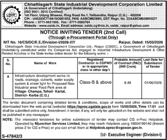 Chhattisgarh State Industrial Development Corporation Limited Tender 2026