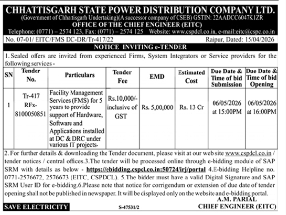 Chhattisgarh State Power Distribution Company Ltd. E-Tender Notice