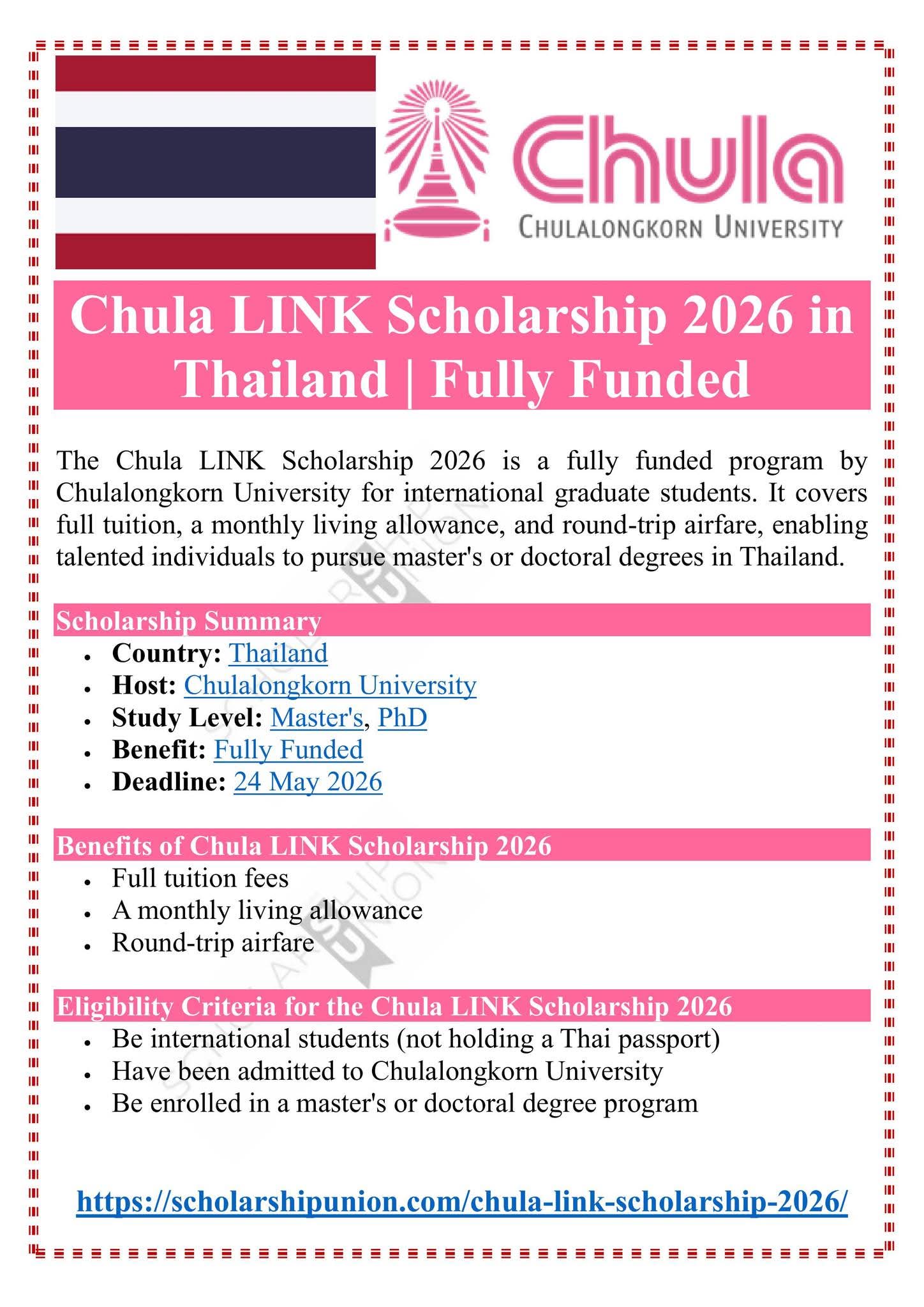Chula LINK Scholarship 2026 in Thailand